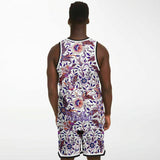 White and Pink with Violet Exotic Floral Pattern Design on Basketball Unisex Jersey & Shorts Set Black & White Edition