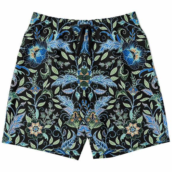 Black and Blue Exotic Floral Pattern Design on Men's Luxury Long Shorts