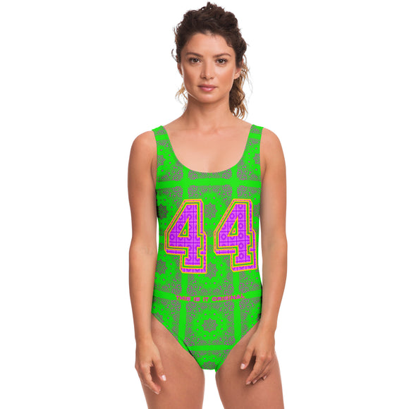 Neon Vibe Green Paisley Pattern Design with Pink Sports 44 Lucky Number on Luxury Swimsuit