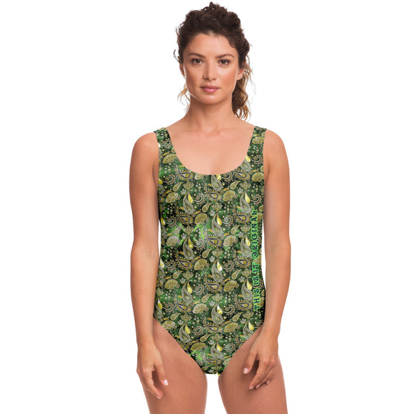 Deep Forest Green Color with Minimalist Paisley Design on Luxury Swimsuit