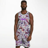 White and Pink with Violet Exotic Floral Pattern Design on Basketball Unisex Jersey & Shorts Set Black & White Edition