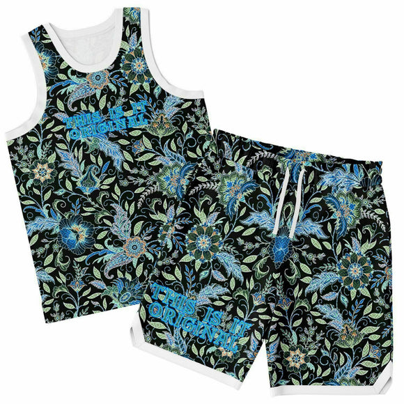 Black and Blue Exotic Floral Pattern Design on Basketball Unisex Jersey & Shorts Set