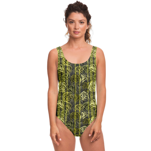 Roses with Chains Pattern of Army Green Color Scale Design with Retro Yellow Stylish Stripes Luxury Swimsuit