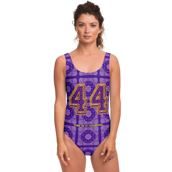 Ultra Violet Paisley Pattern Design with Yellow Sports 44 Lucky Number on Luxury Swimsuit