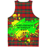 Neon Yellow - Green Splash with Confidence Without Ego on Classic Red Tartan Design Unisex Tank Top