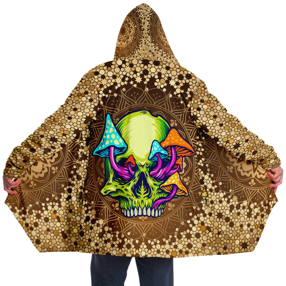 Gold Mandala Design With Psychedelic Neon Green Skull & Mushrooms Hooded Micro Fleece Cloak