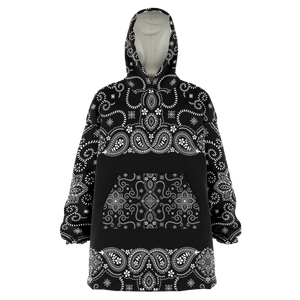 Angry Skull in Silver Frame Design with Black Paisley Bandana Sleeve Style XXL Oversized Snug Hoodie