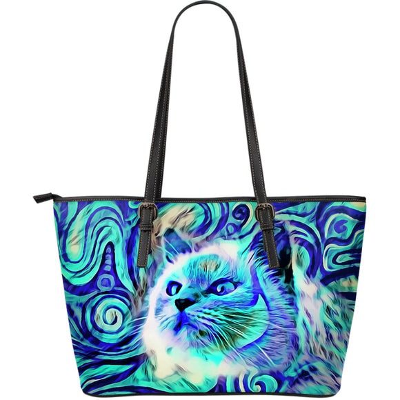 Blue Magical Cat Large Leather Tote Bag