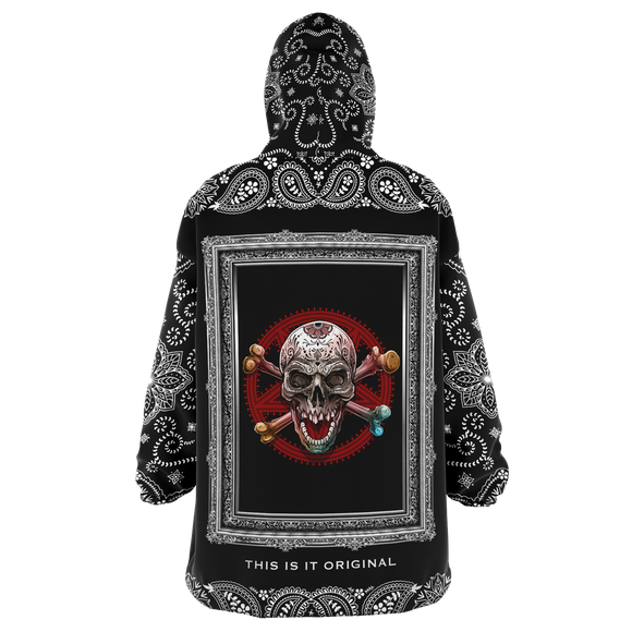 Angry Skull in Silver Frame Design with Black Paisley Bandana Sleeve Style XXL Oversized Snug Hoodie