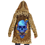 Gold Mandala Design With Psychedelic Dark Blue Skull & Mushrooms Hooded Micro Fleece Cloak