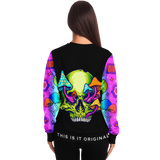 Psychedelic Neon Green Skull with Rainbow Colorful Psychedelic Art Work on Sleeves Design Luxury Fashion Sweatshirt