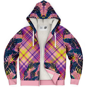 Pink & Grey Tropical Design with Luxury Purple & Yellow Tartan Style Exclusive Micro Fleece Zip Hoodie