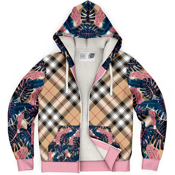 Pink & Grey Tropical Design with Luxury Safari Tartan Style Exclusive Micro Fleece Zip Hoodie