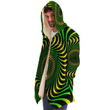 Green Hypnotic Design With Psychedelic Light Blue Skull & Mushrooms Hooded Micro Fleece Cloak