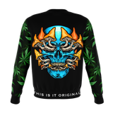 Psychedelic Light Blue Skull with Cannabis Art Work on Sleeves Design Luxury Fashion Unisex Sweatshirt
