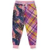 Pink & Grey Tropical Design with Exclusive Purple & Yellow Tartan Style Fashion Unisex Luxury Sweatpants