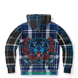 Black & Deep Blue Tartan Design with Ninja Angry Black Panther with Red Roses Luxury  Fashion Hoodie