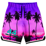 Pink & Violet Sunset with Palm Tree - 44 Lucky Number - Unisex Basketball Shorts