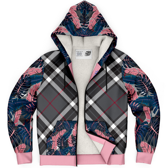 Pink & Grey Tropical Design with Luxury Grey Tartan Style Exclusive Micro Fleece Zip Hoodie