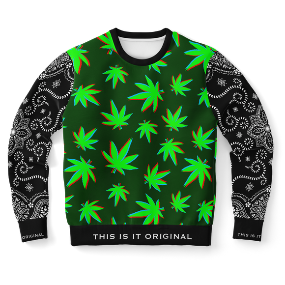 Army Green with Neon Green Weed Design X Black Paisley Bandana Style Luxury Fashion Sweatshirt