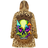 Gold Mandala Design With Psychedelic Neon Green Skull & Mushrooms Hooded Micro Fleece Cloak