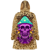 Gold Mandala Design With Psychedelic Violet Skull & Mushrooms Hooded Micro Fleece Cloak