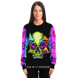 Psychedelic Neon Green Skull with Rainbow Colorful Psychedelic Art Work on Sleeves Design Luxury Fashion Sweatshirt