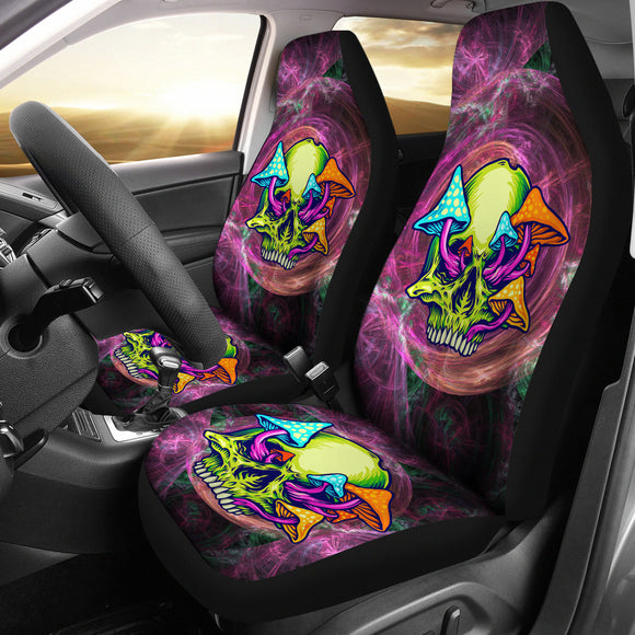 Rave Psychedelic Design With Neon Green Skull & Mushrooms Car Seat Cover