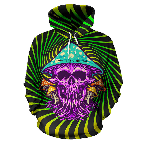 Psychedelic green & yellow design with mushroom and crazy skull Four Hoodie