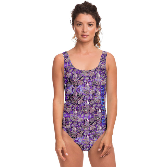 Deep Ultra Violet Color with Minimalist Paisley Design on Luxury Swimsuit