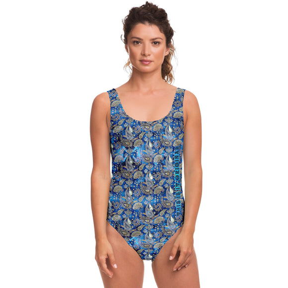 Deep Royal Blue Color with Minimalist Paisley Design on Luxury Swimsuit