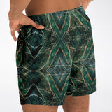 Dark Emerald Marble with Gold Paintings Design on Swim Trunks for Men's