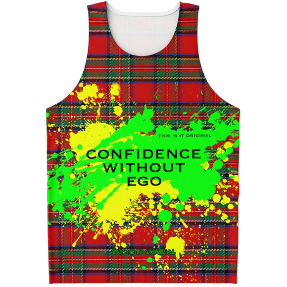 Neon Yellow - Green Splash with Confidence Without Ego on Classic Red Tartan Design Unisex Tank Top