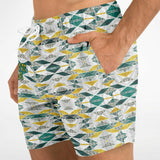 Geometrical Pattern and Emerald Green and Gold Stone Marble Luxury Design Swim Trunks for Men's