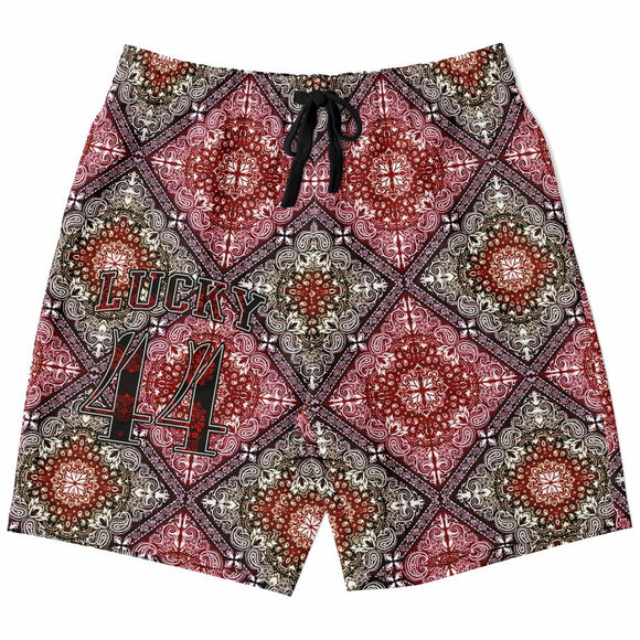 Black and Dark Red Paisley Pattern Design on Men's Luxury Long Shorts