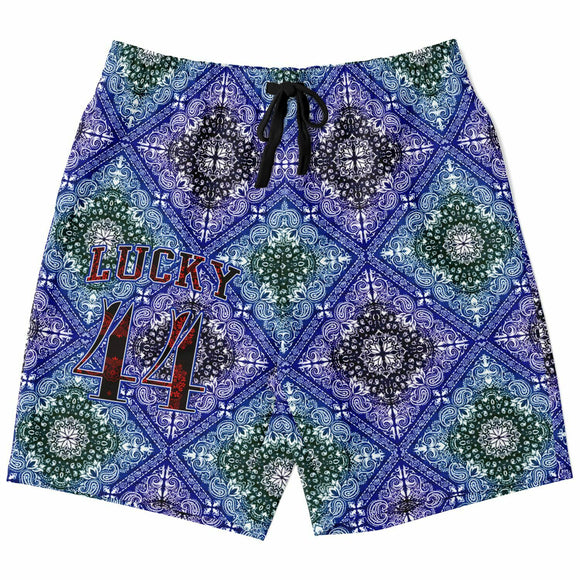 Black and Perfect Blue Paisley Pattern Design on Men's Luxury Long Shorts