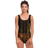 Camouflage Army Brown Pattern and Half Black Design with Retro Stylish Stripes Luxury Swimsuit