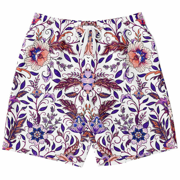 White and Pink with Violet Exotic Floral Pattern Design on Men's Luxury Long Shorts