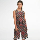 Black and Dark Red Paisley Pattern Design on Basketball Unisex Jersey & Shorts Set Black & White Edition
