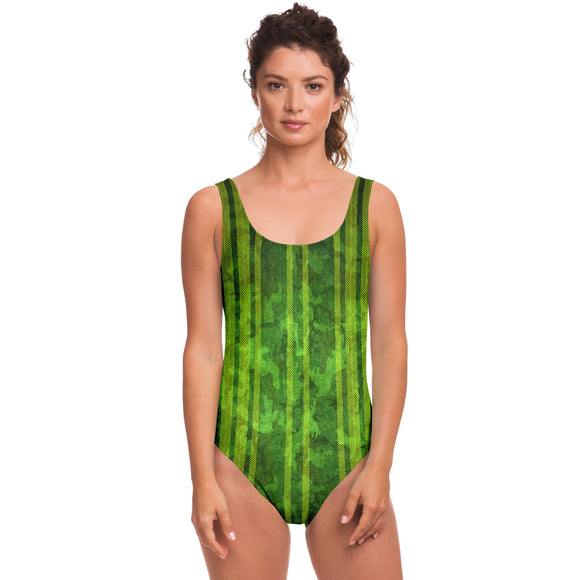 Neon Camouflage Army Green Stoned Pattern Design with Retro Yellow Stylish Stripes Luxury Swimsuit