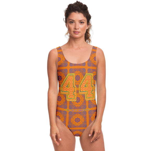 Neon Vibe Orange Paisley Pattern Design with Orange Sports 44 Lucky Number on Luxury Swimsuit