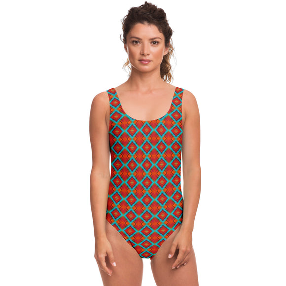 Retro Ultimate Neon Orange, Red, Light Blue Pattern Design on Luxury Swimsuit