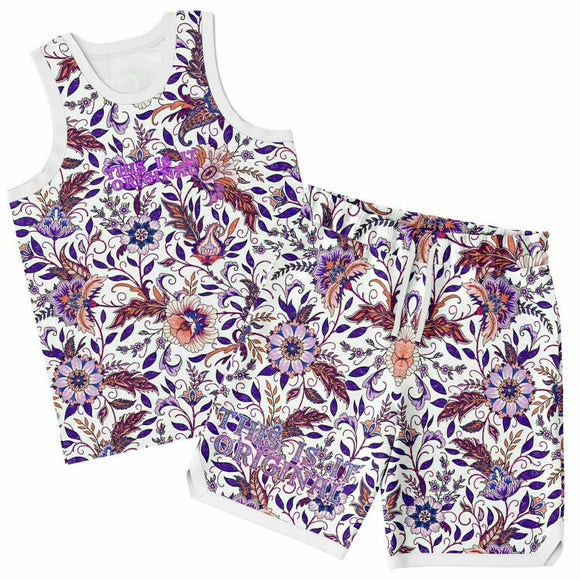 White and Pink with Violet Exotic Floral Pattern Design on Basketball Unisex Jersey & Shorts Set