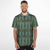 Dark Green Camouflage Design with Ornamental Light Blue Old School Pattern Exclusive Golf Polo Shirt