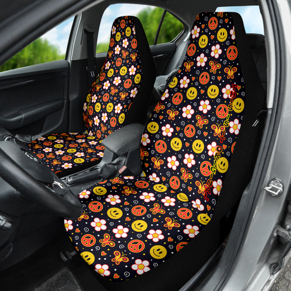 Black Color with Peace, Smile, Flower and Butterfly Car Seat Cover