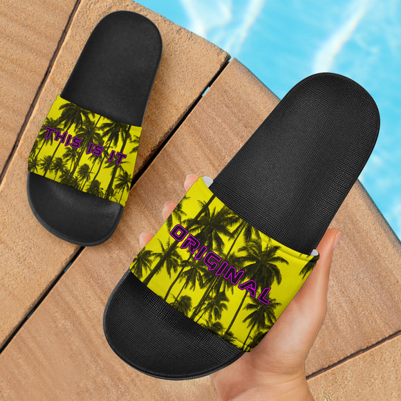 Neon Yellow Sky and Palm Tree Design Slide Sandals