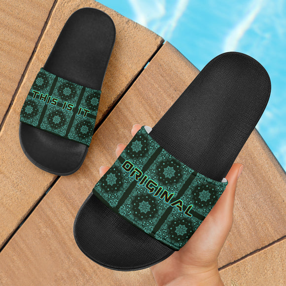 Ocean Blue and Black Paisley Pattern Design Slide Sandals