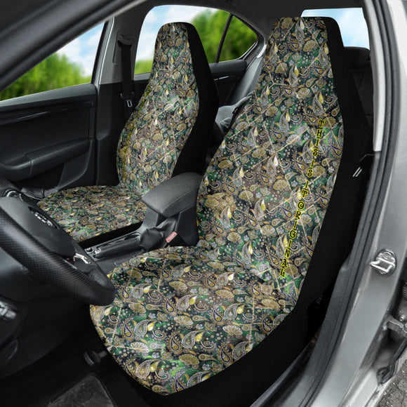 Geometric Gold Design with Luxury Emerald Green Paisley Design on Car Seat Covers