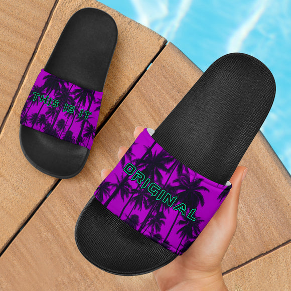 Neon Pink Sky and Palm Tree Design Slide Sandals