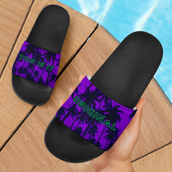 Neon Deep Violet Sky and Palm Tree Design Slide Sandals